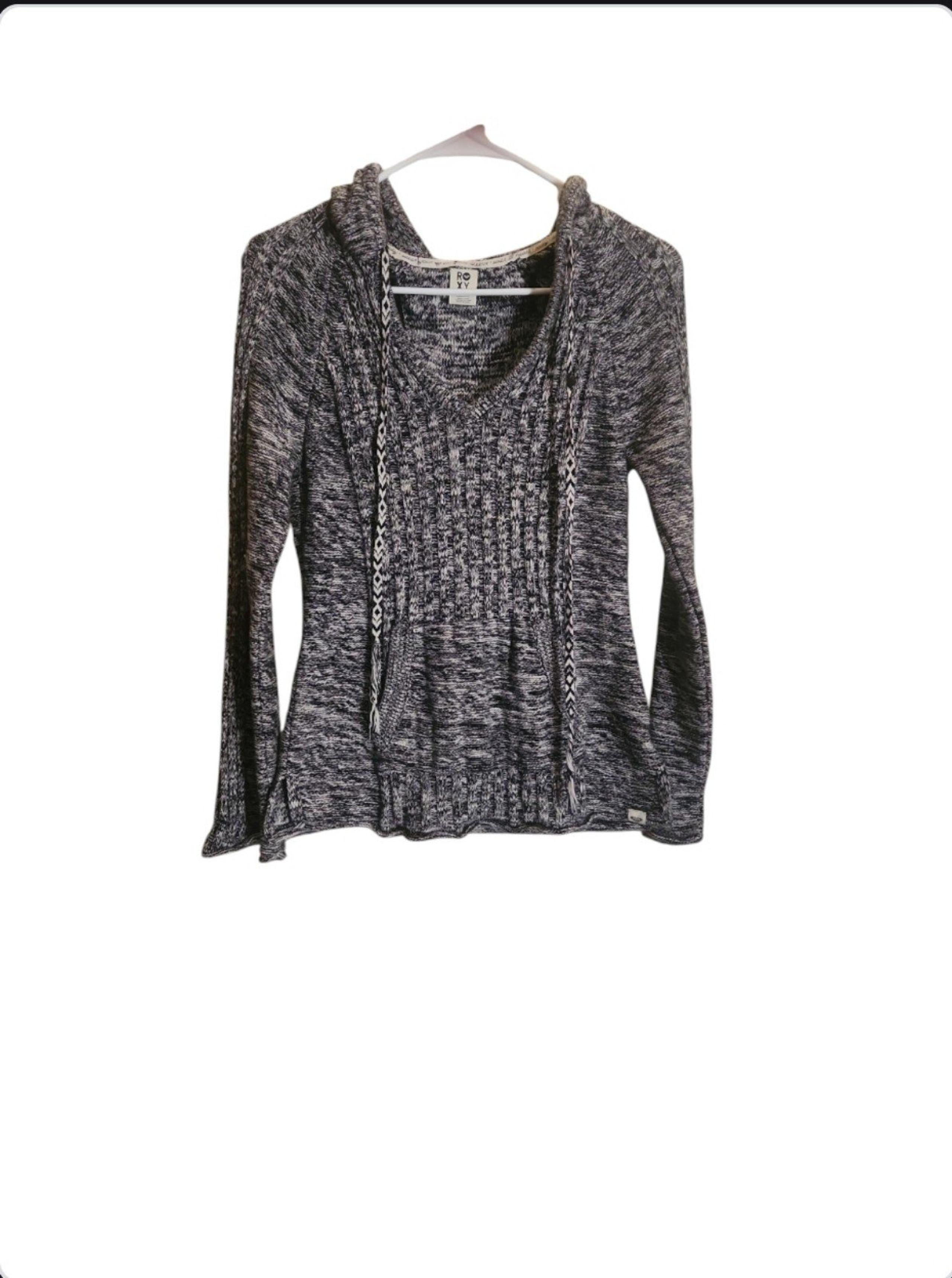 Roxy Knit Hooded Sweater Womens/Juniors Gray Pullover V Neck & Pocket Y2K Sz L
