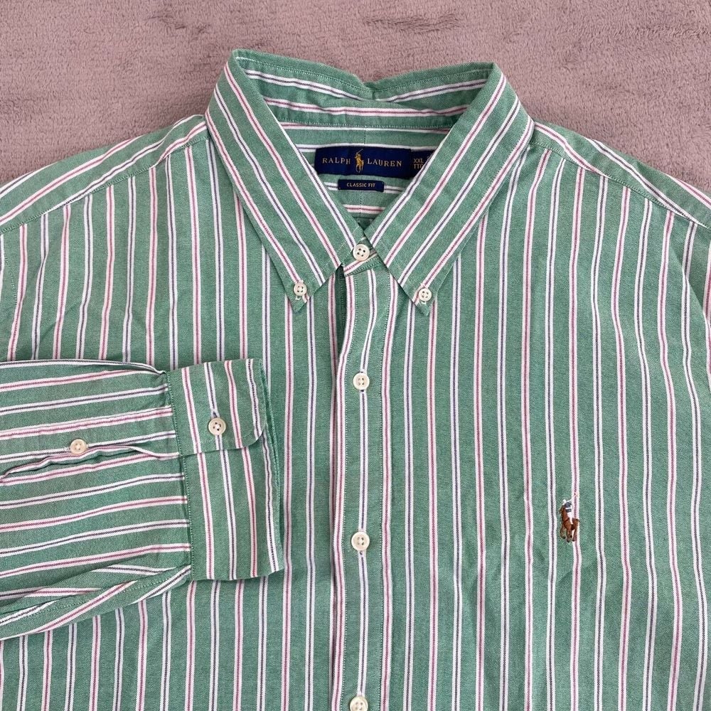Polo Ralph Lauren Shirt Men 2XL Green Striped Oxford Flesh Pony OCBD Classic NWT