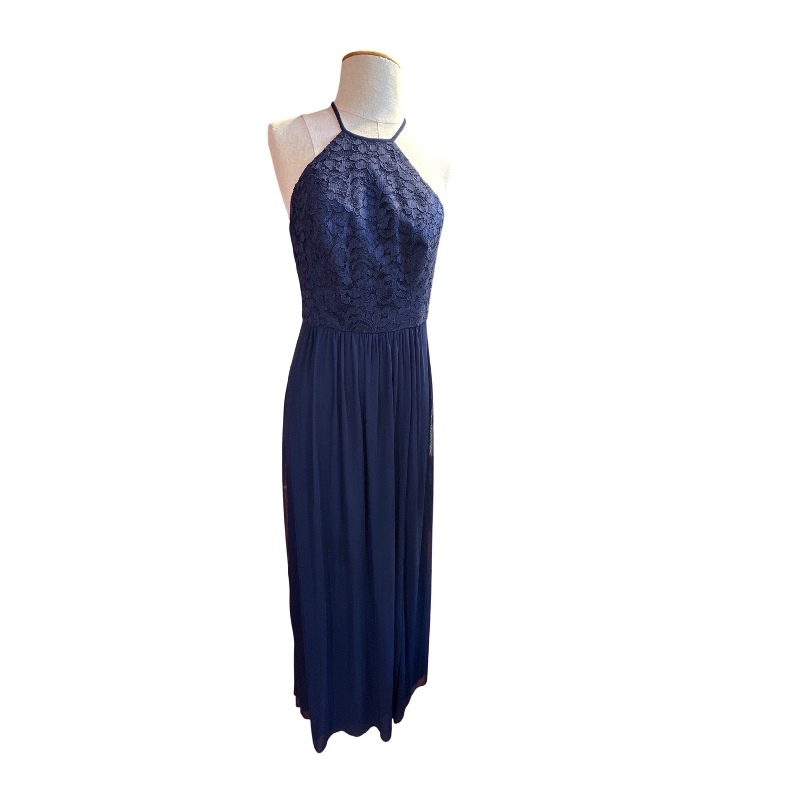 David's Bridal Navy Blue Lace Halter Neck Maxi Dress Formal Gown Size 2