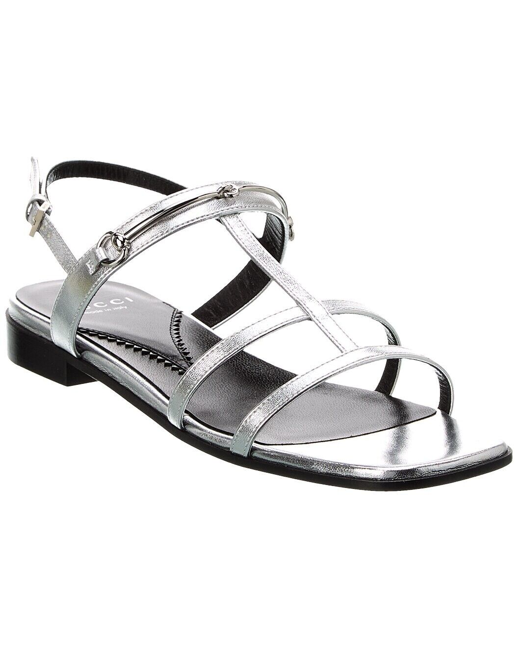 NIB Gucci Divine silver leather slim Horsebit flat sandals IT 38/ US 8