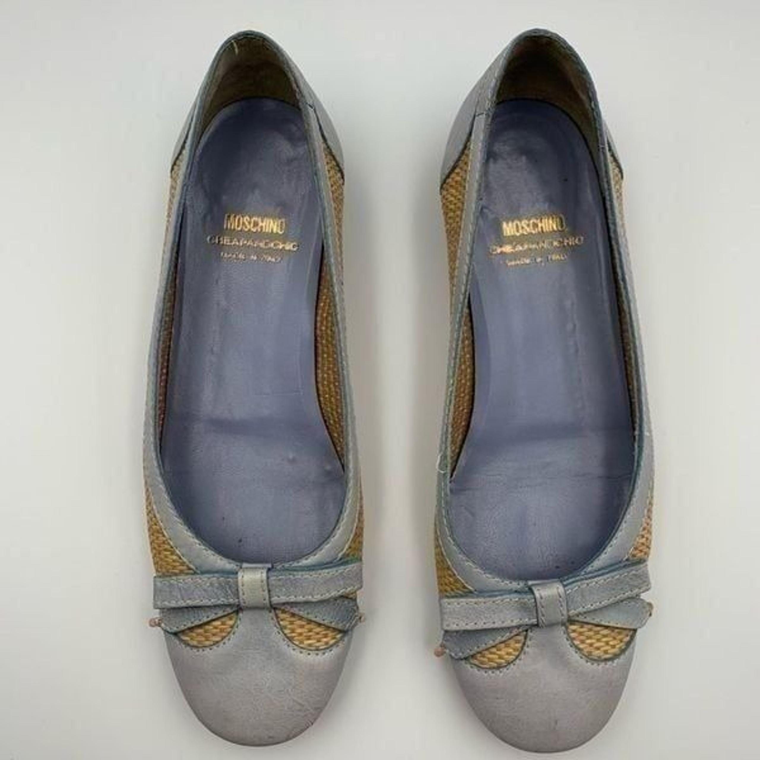 Moschino Cheapandchic Leather Rafia Ballet Flats Blue Beige Size 36