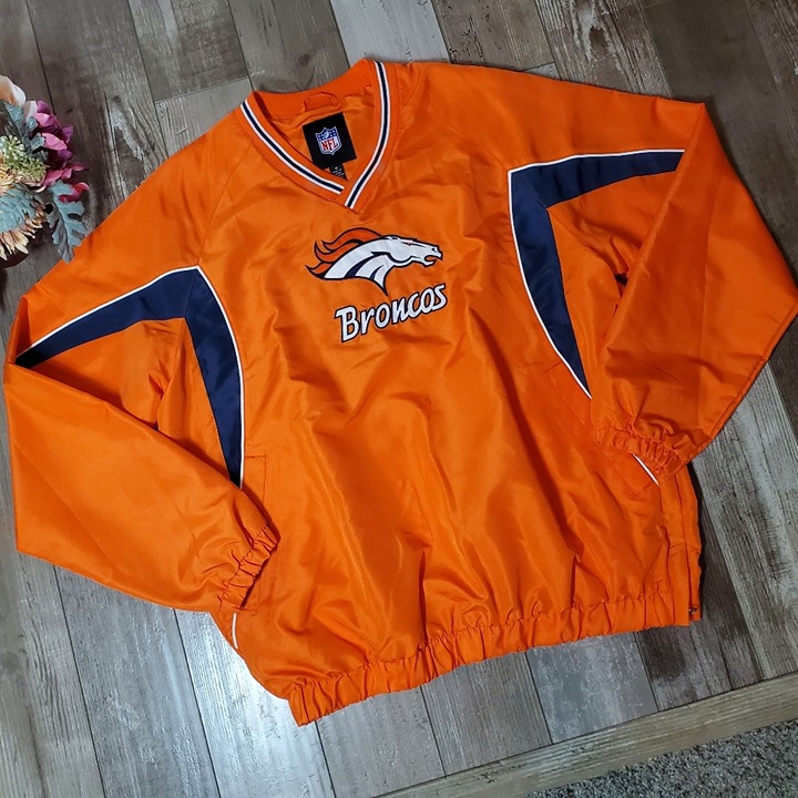 Vintage Denver Broncos Orange Blue Poly V-Neck Pullover Warmup Jacket Mens M NFL