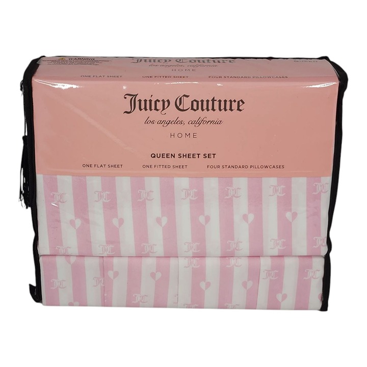 Juicy Couture Queen Sheet Set Pink & White Stripes Heart Design Four Pillowcases