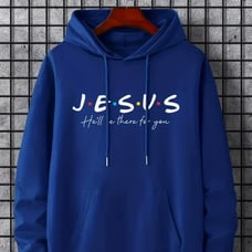 Men's Plus JESUS Letters Print Long Sleeve Drawstring Hoodie Sweatshirt