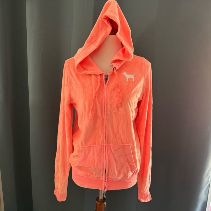 LOVE PINK Peach Orange Velour Full Zip Velvet Hoodie