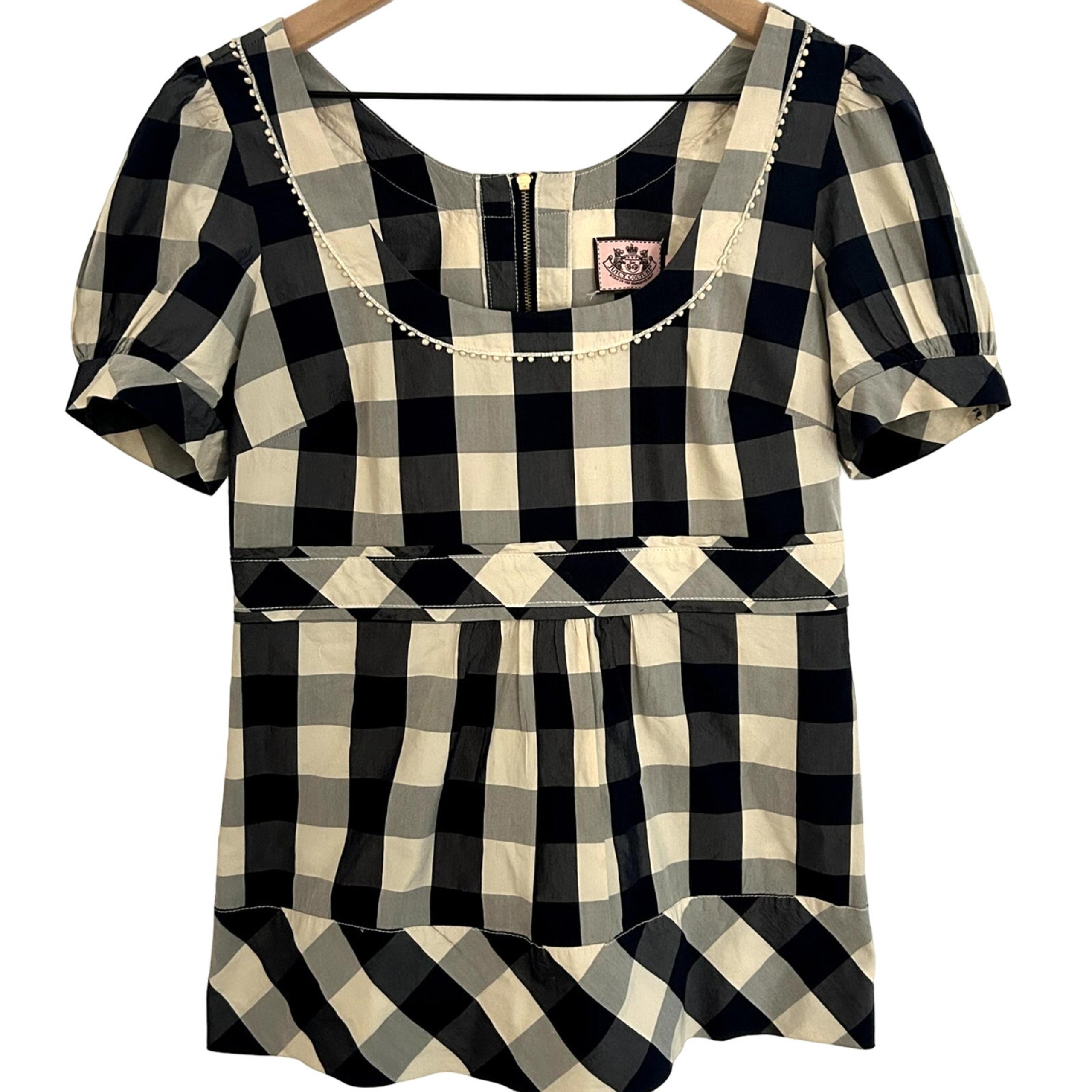 Juicy Couture Gingham Top Size 4 Cotton Silk Mix Navy White New Prairie Check