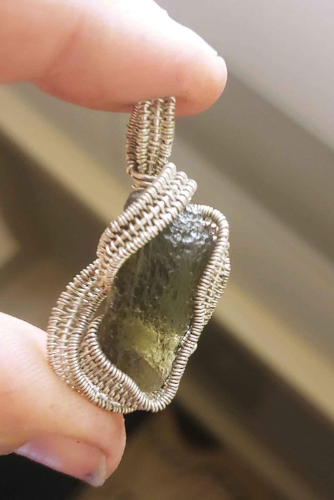 Moldavite Sterling Silver wire wrap necklace pendant. genuine natural real