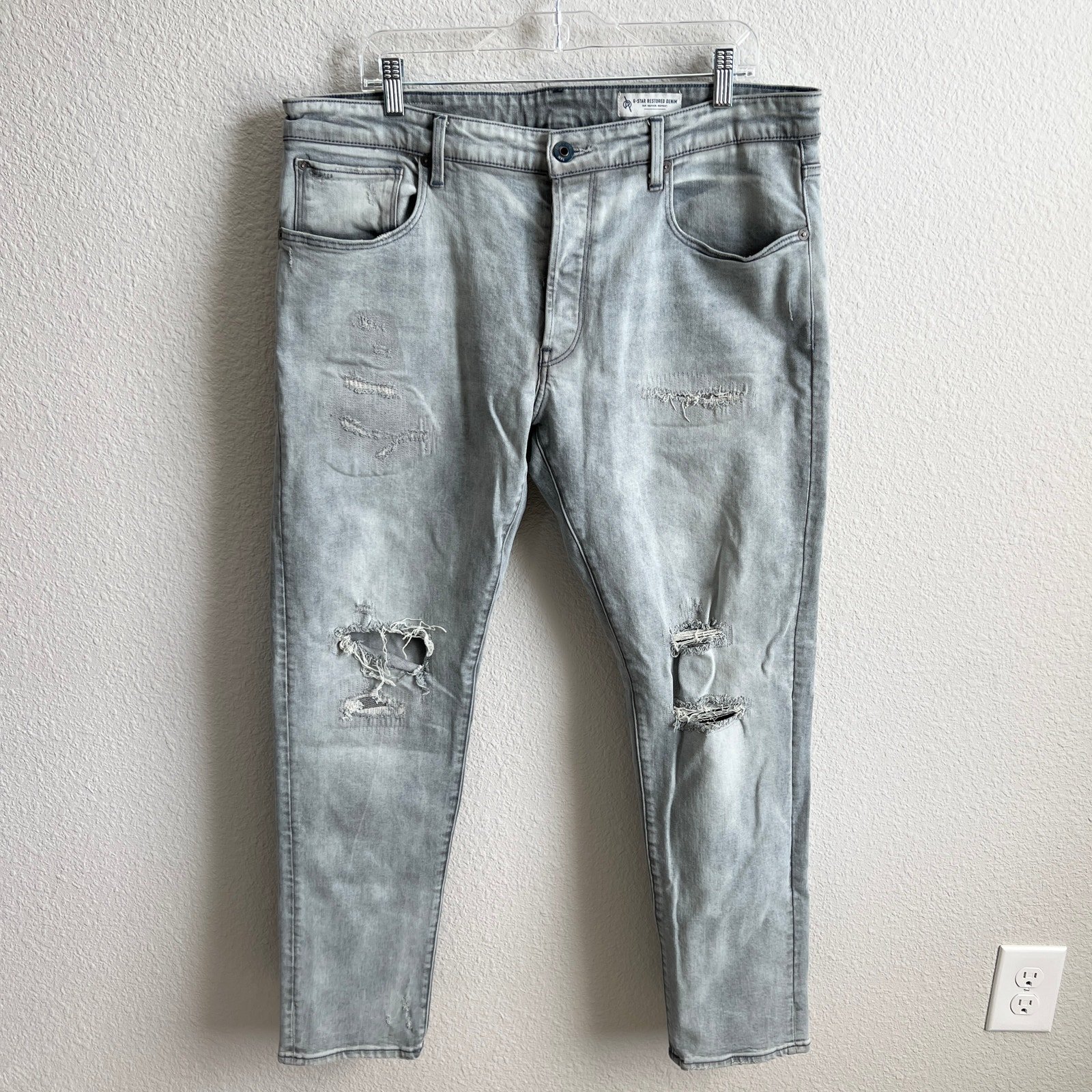 G-star Raw 3301 Slim Jeans Men's 36x32 Gray Wash Distressed Mid Rise Button Fly