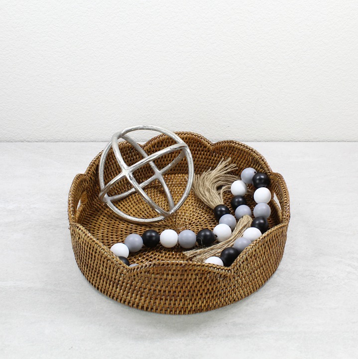 NEW Tight Woven Scalloped Round Rattan Tray with Handles, Medium, Honey Brown