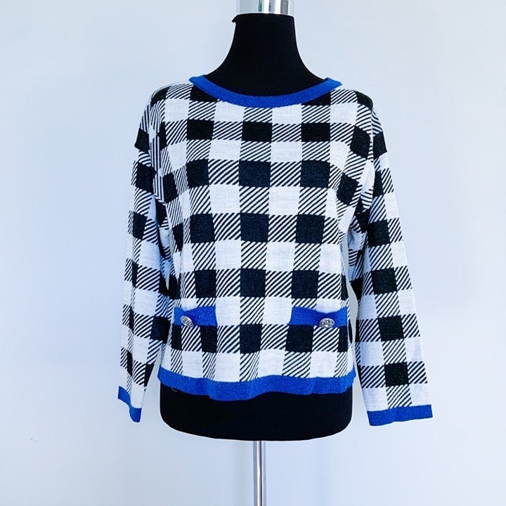 NWT | KAOS | Made in Italy Sweater Top M Gingham Black Offwhite Blue M