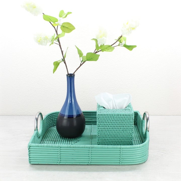 Leaf Shaped Rattan Cane Tray with Steel Handles