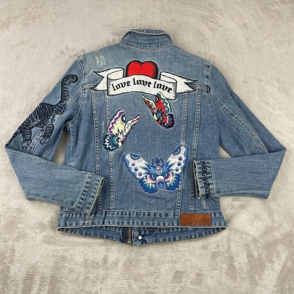 Zadig & Voltaire Denim Jacket Women Medium Kioky Bleu Brode Embroidered NWOT
