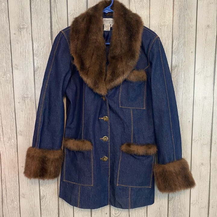 Newport News Easy Style Vintage Jean Jacket Coat w/ Faux Fur Collar/Cuffs Sz 10