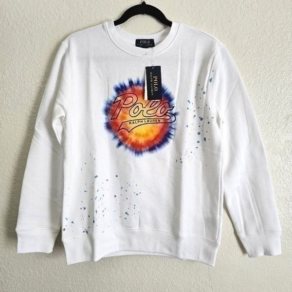 Polo Ralph Lauren Sweatshirt Paint Splat Logo Size L White Blue Cotton New 80s