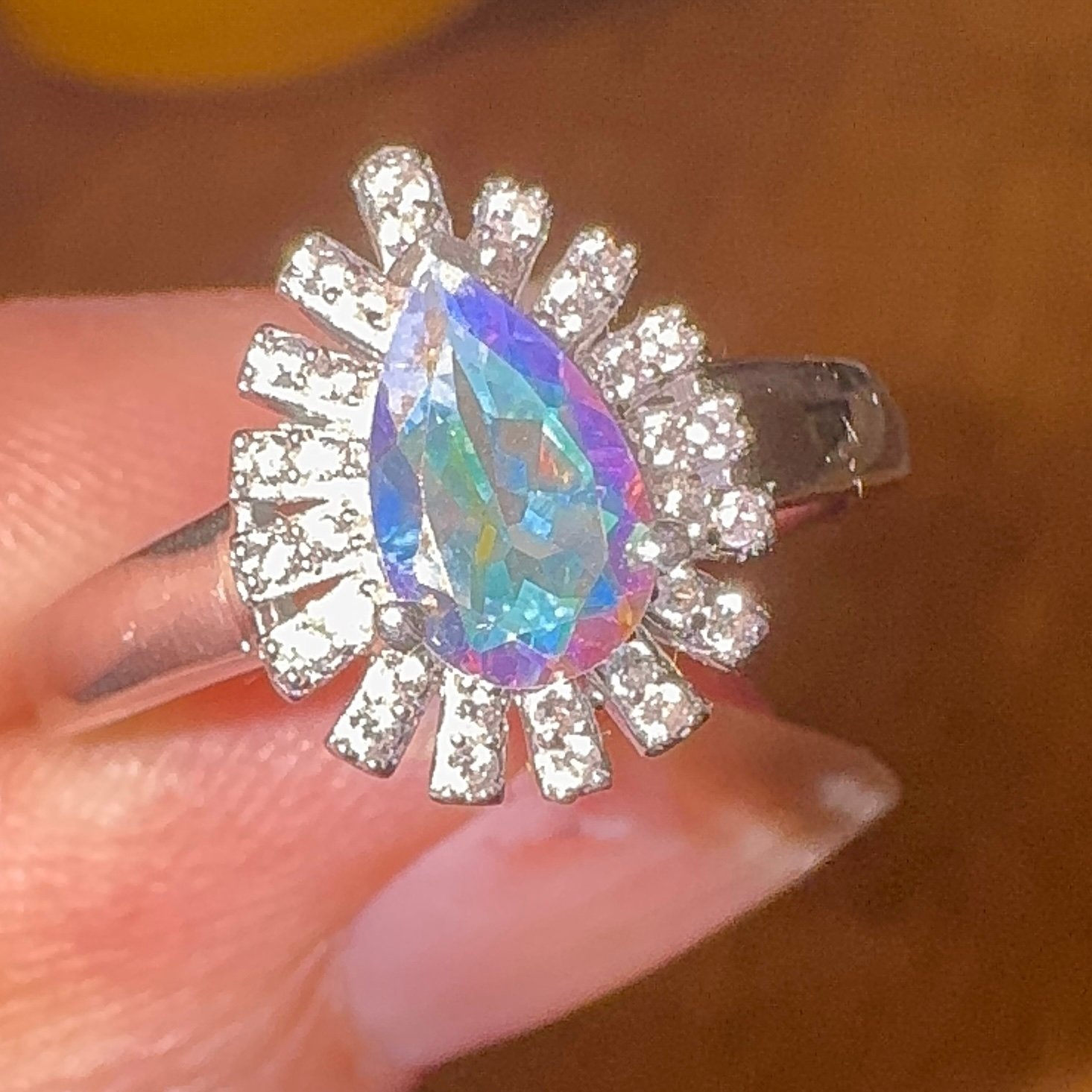 Mercury Mystic Topaz & Natural White Zircon Snowflake Ring in Sterling Silver.