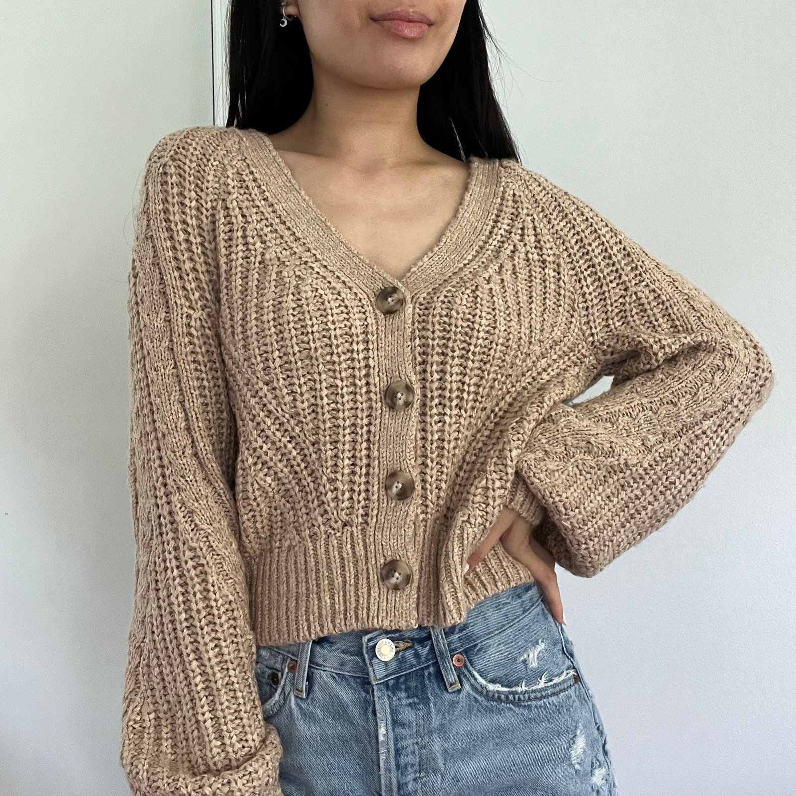 Abercrombie & Fitch Beige Tan Brown Neutral Drop Shoulder Knit Cardigan