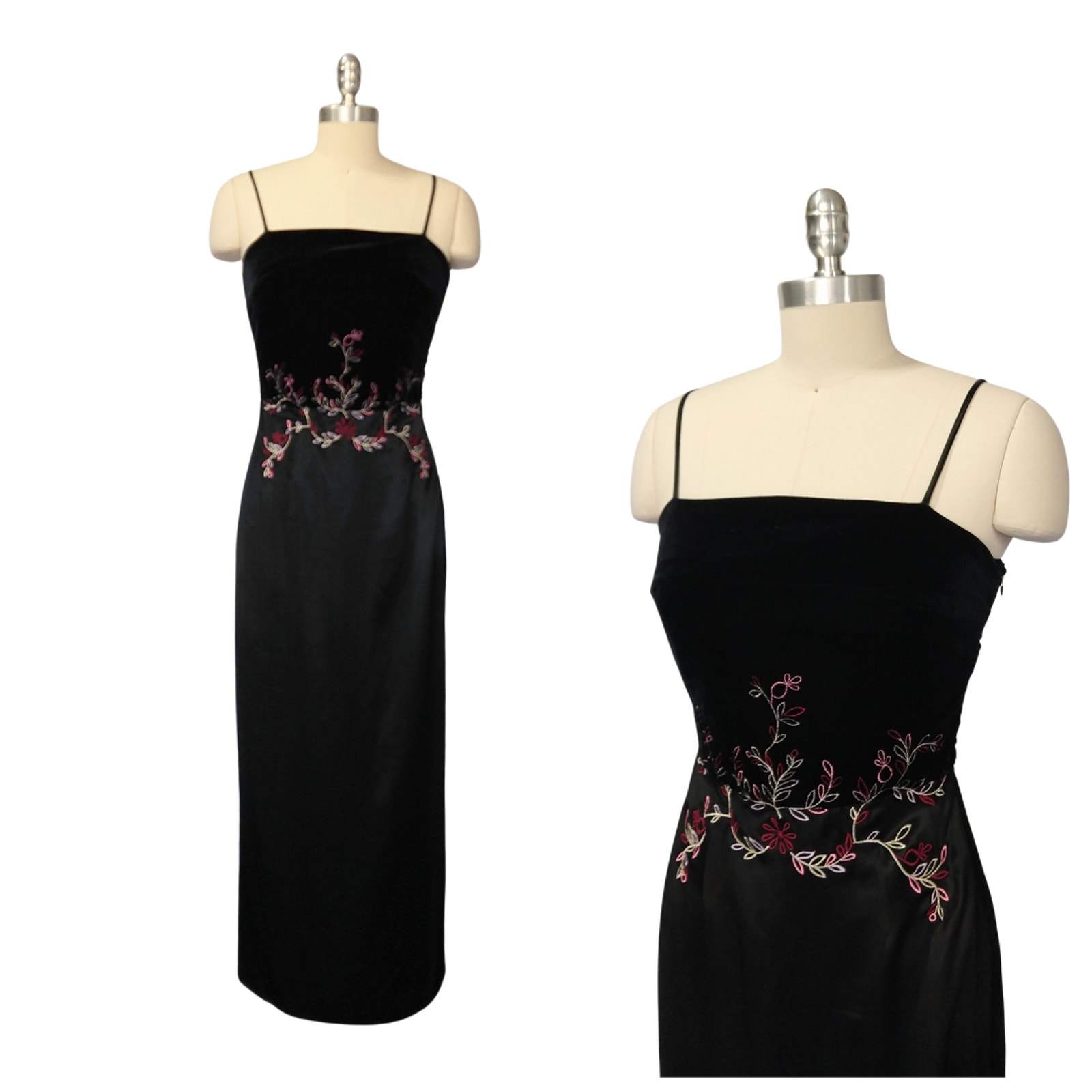 Vintage Y2K Prom Dress Size S XOXO Black Floral Embroidered Maxi Velvet Satin