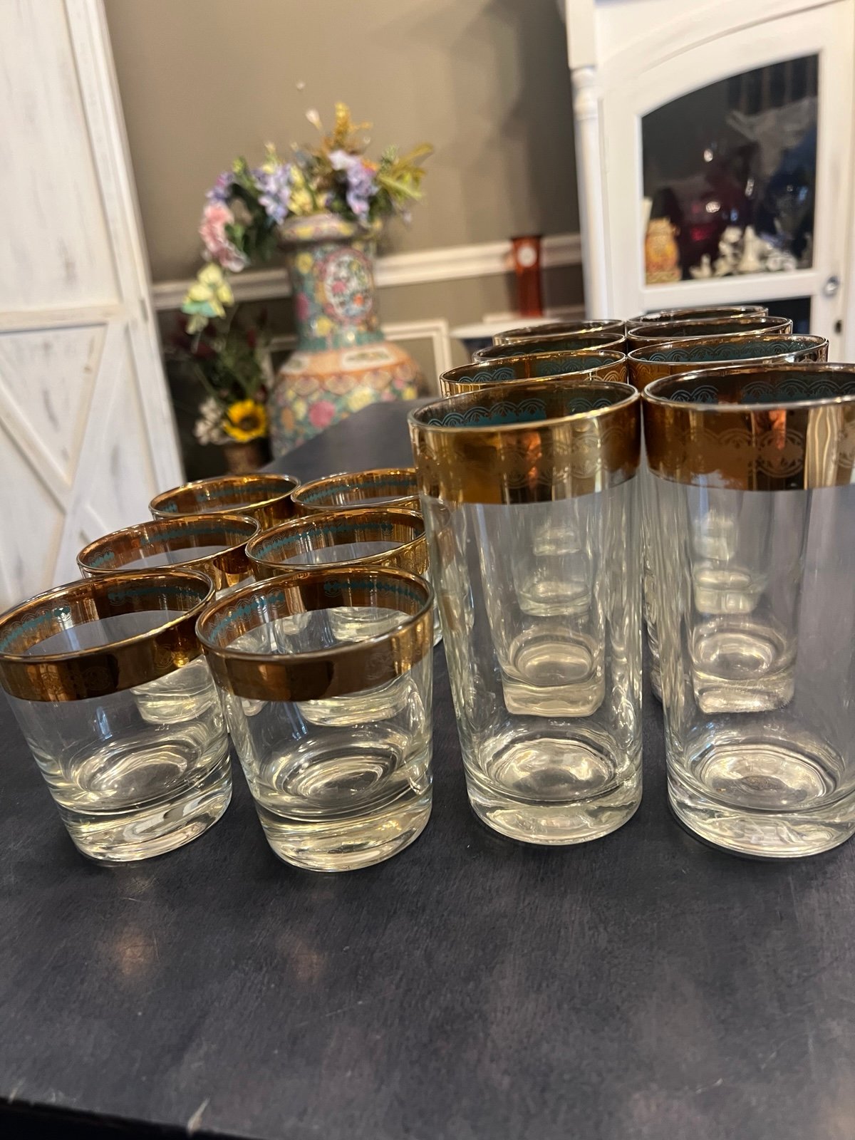 Culver Gold/Turquoise Rim 6 Old Fashion Rocks Glasses & 8 Tall Tumbler glasses