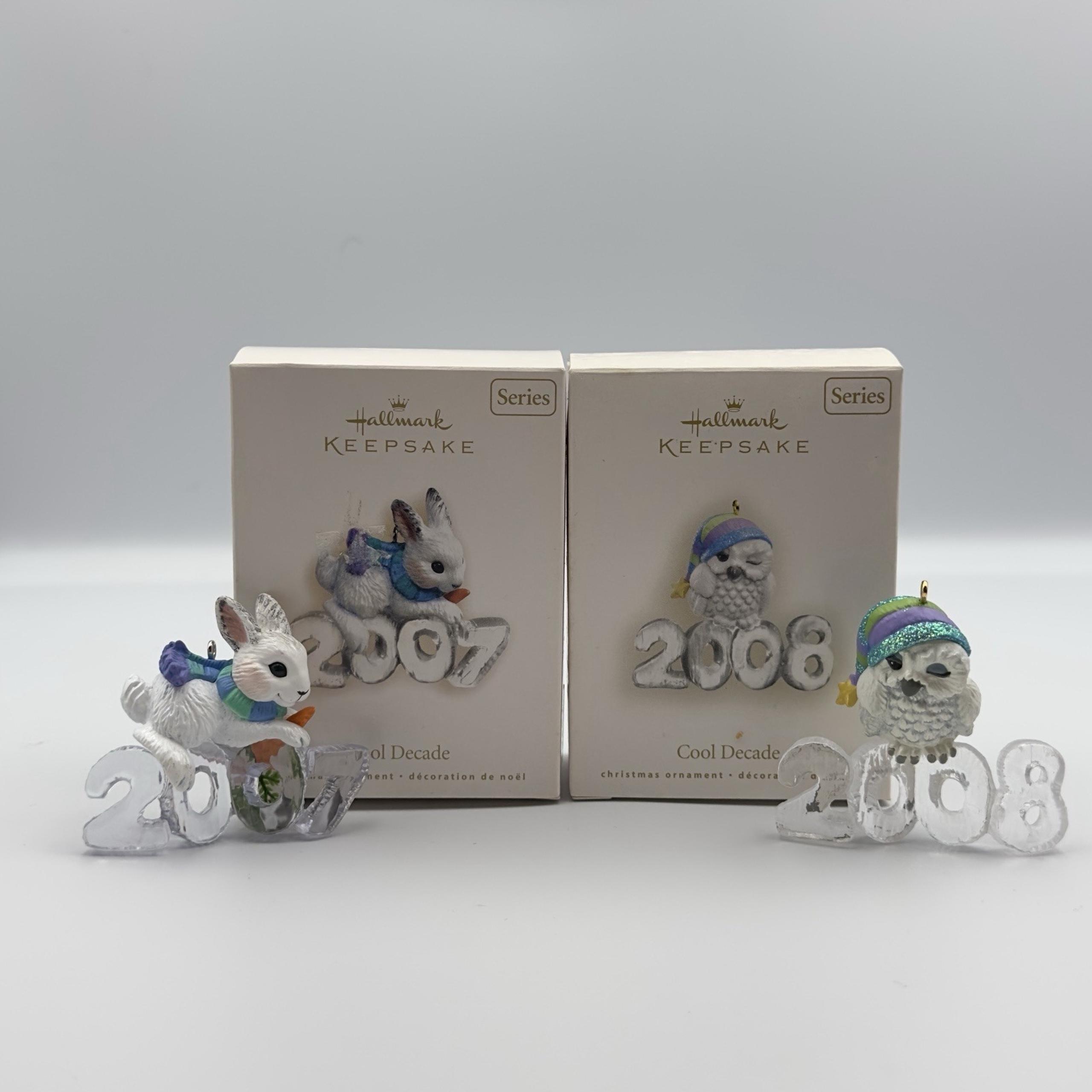 Hallmark Ornament Keepsake Cool Decade 2007 2008 Winking Owl Bunny Set of 2