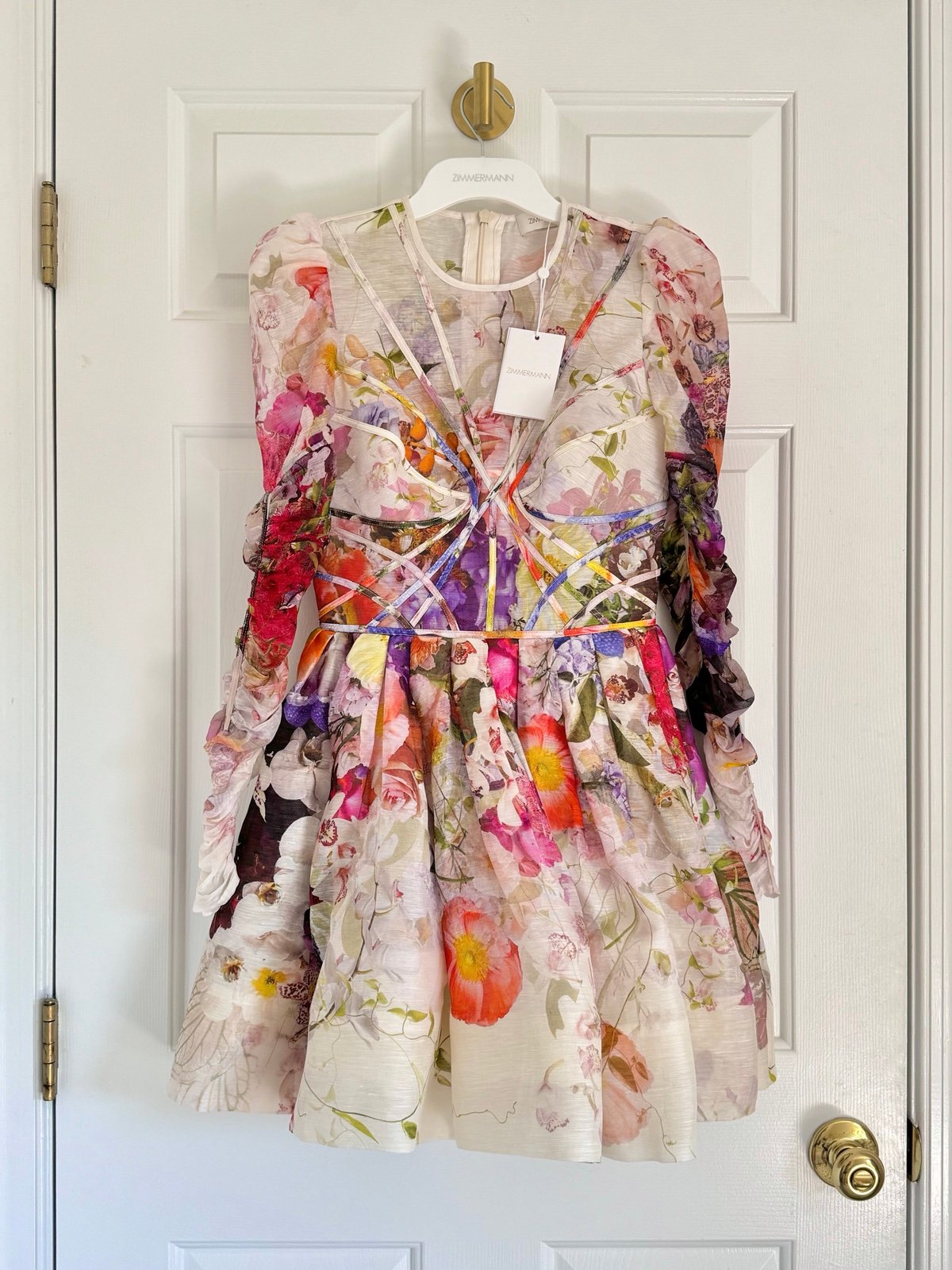 NWT 1,850 Zimmermann Dancer Prima Panelled Silk Linen Floral Mini Dress AU0 XS