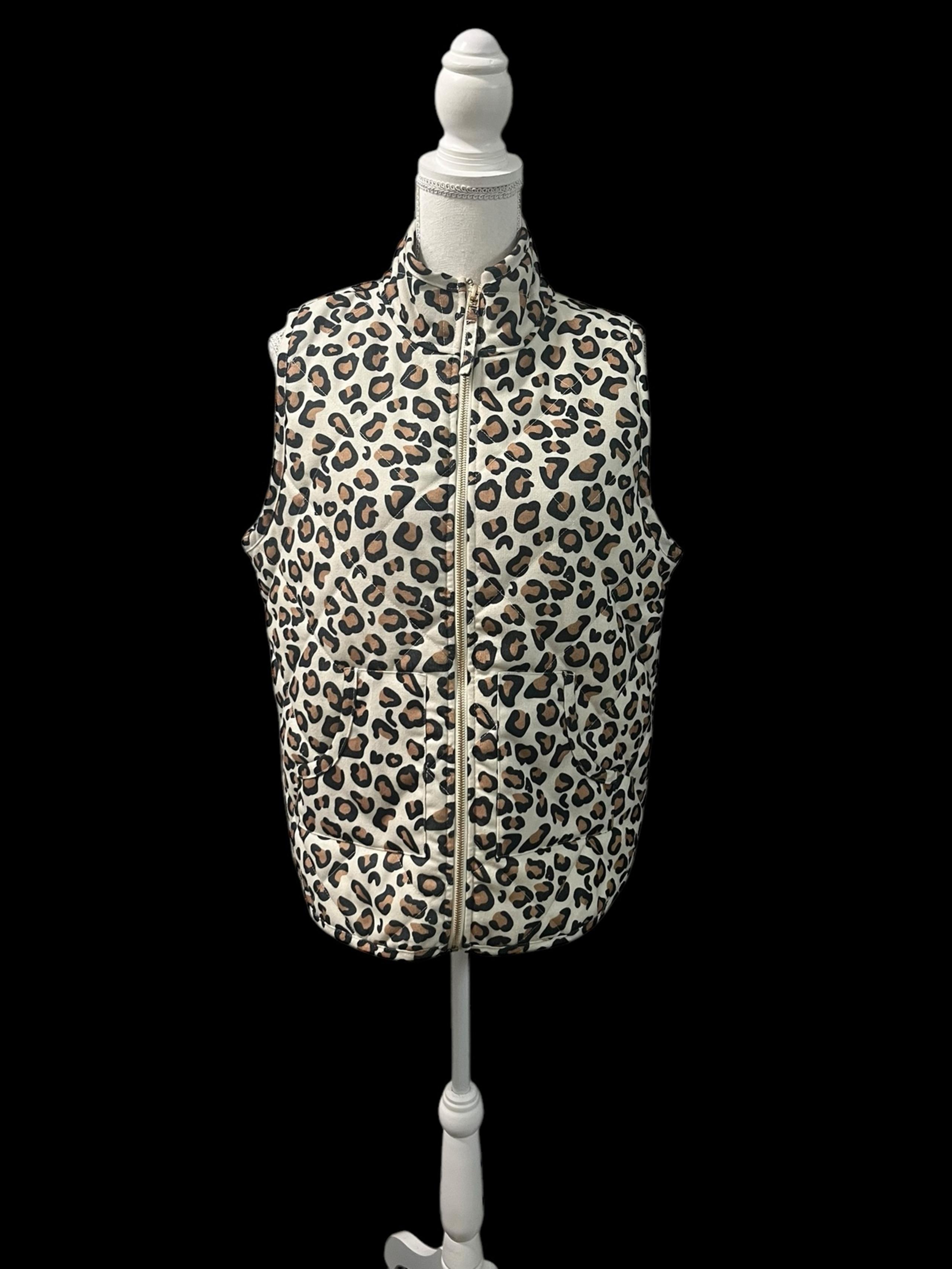 Mud Pie Quilted Leopard Animal Print Full Zip Vest Pockets Women’s Size L
