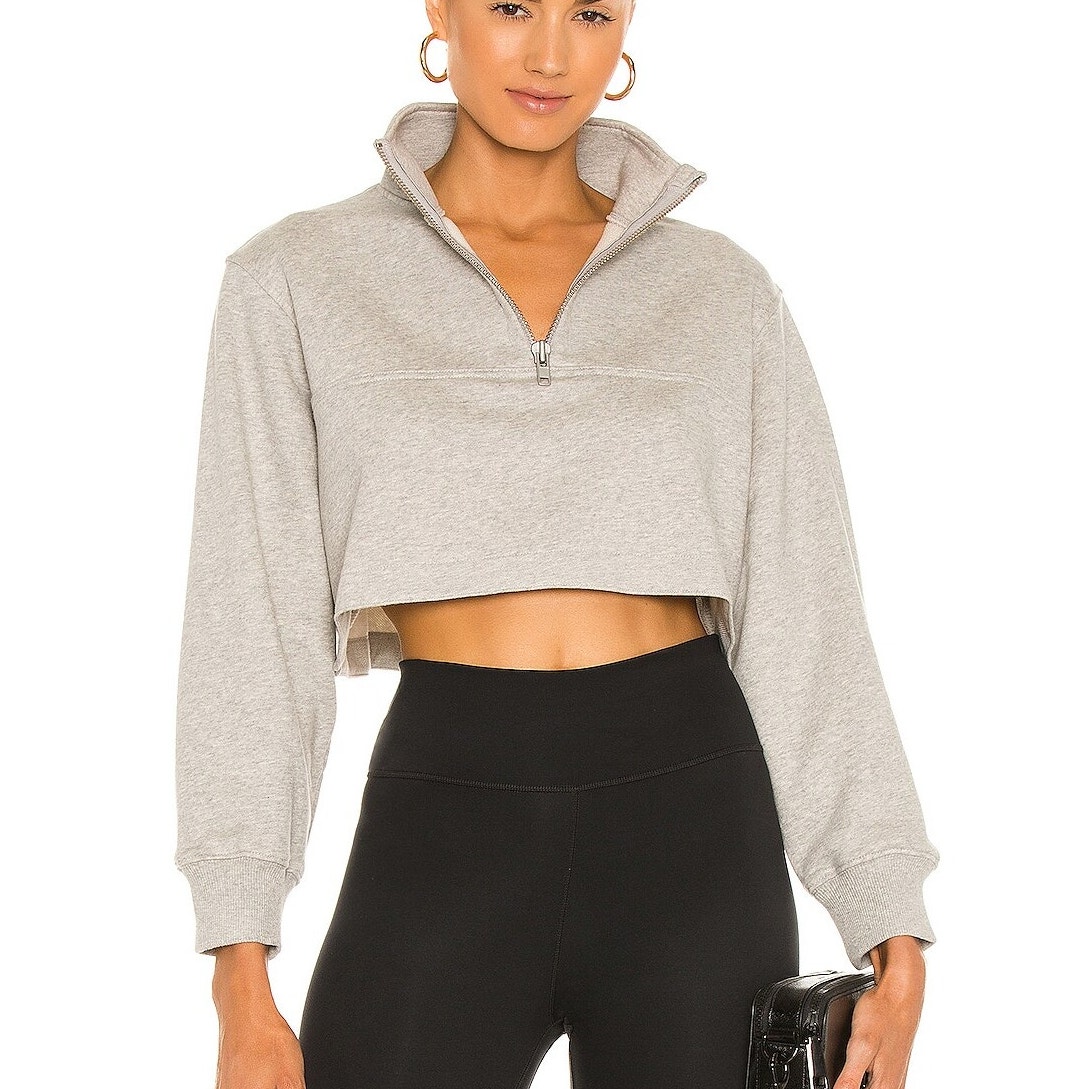 Lovers and Friends Gray Half Zip Up Long Sleeve Cropped Pullover Sweatshirt Top