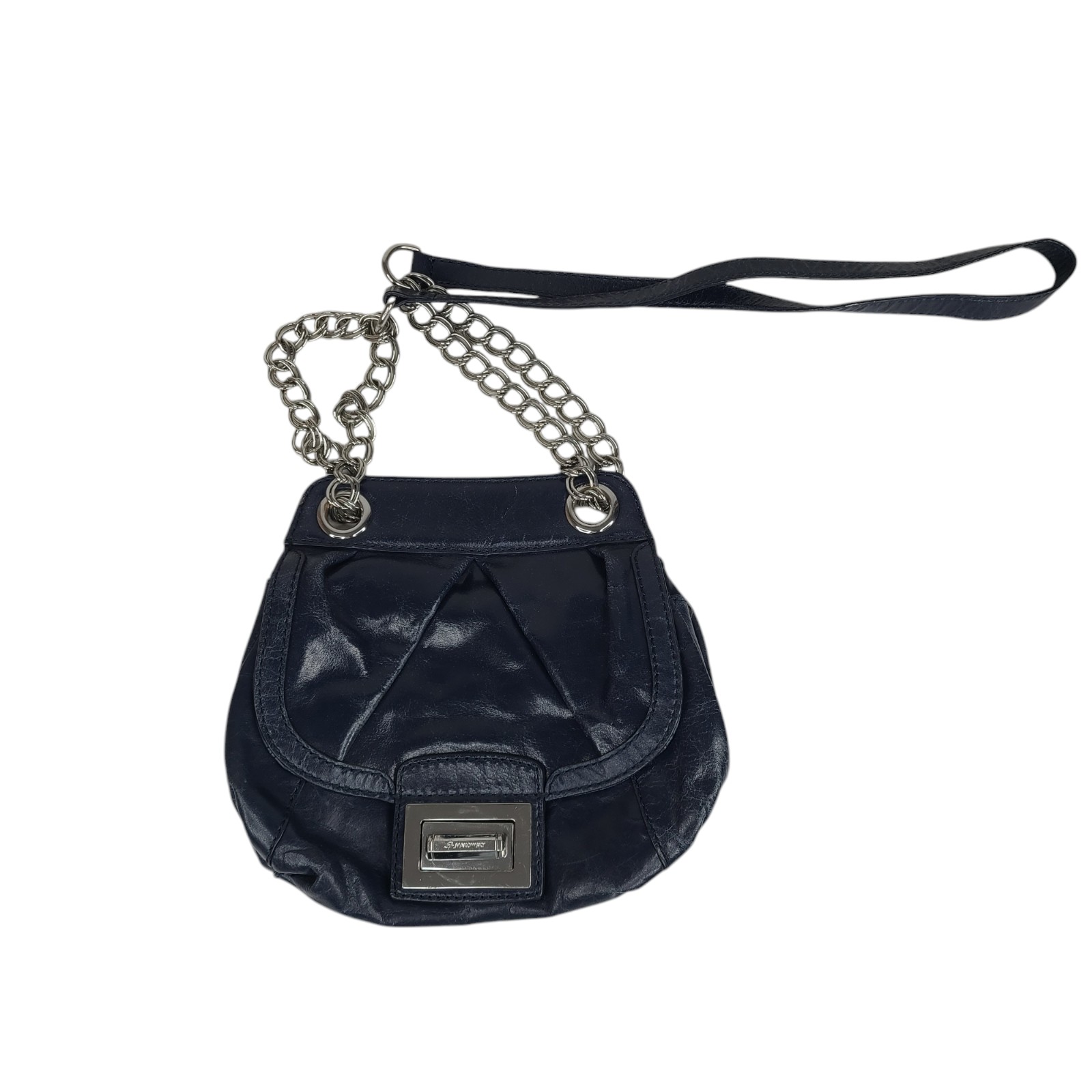 B Makowsky navy blue leather crossbody bag with chain strap accent