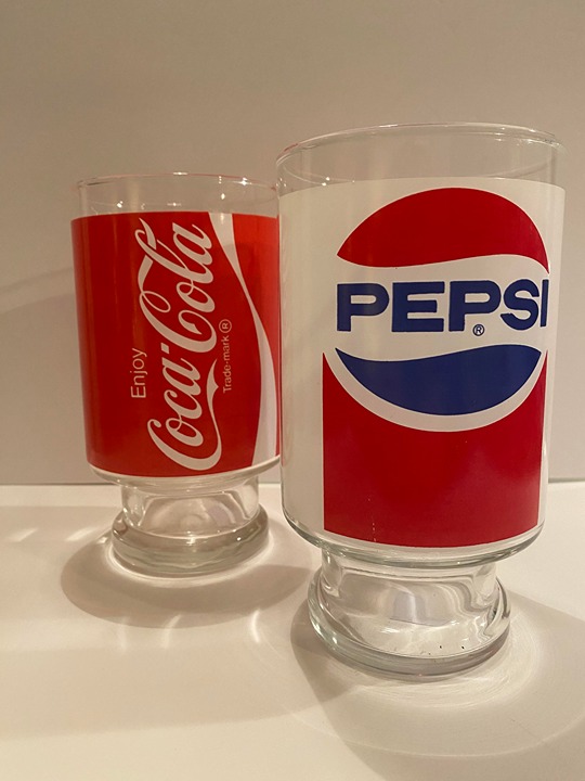 Pepsi Cola & Coca Cola 32oz Drinking Glass Footed Soda Giant size Vintage 1980's