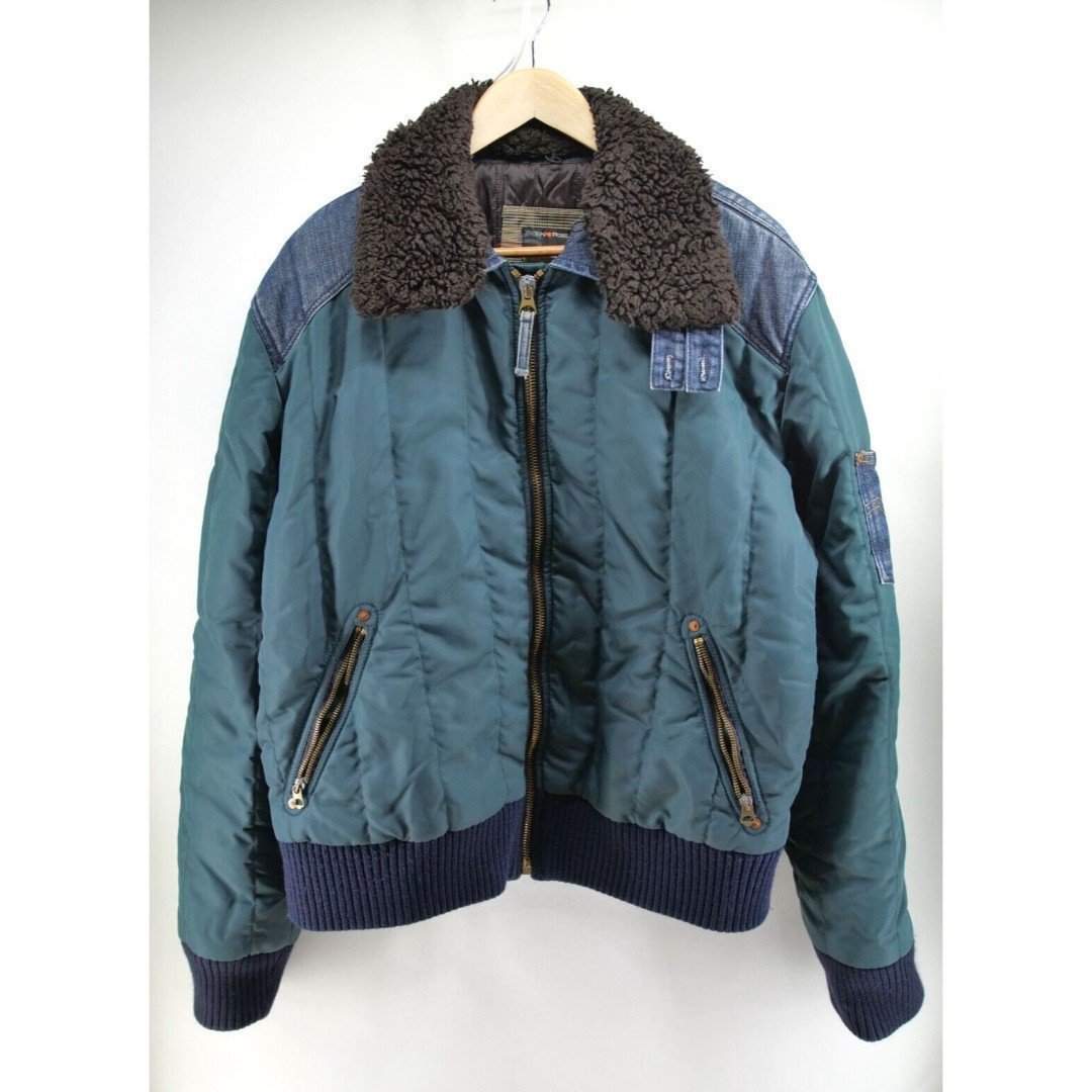 Designer ENERGIE Bomber Jacket Men 2XL Green Blue Shearling Zip Collar Italy