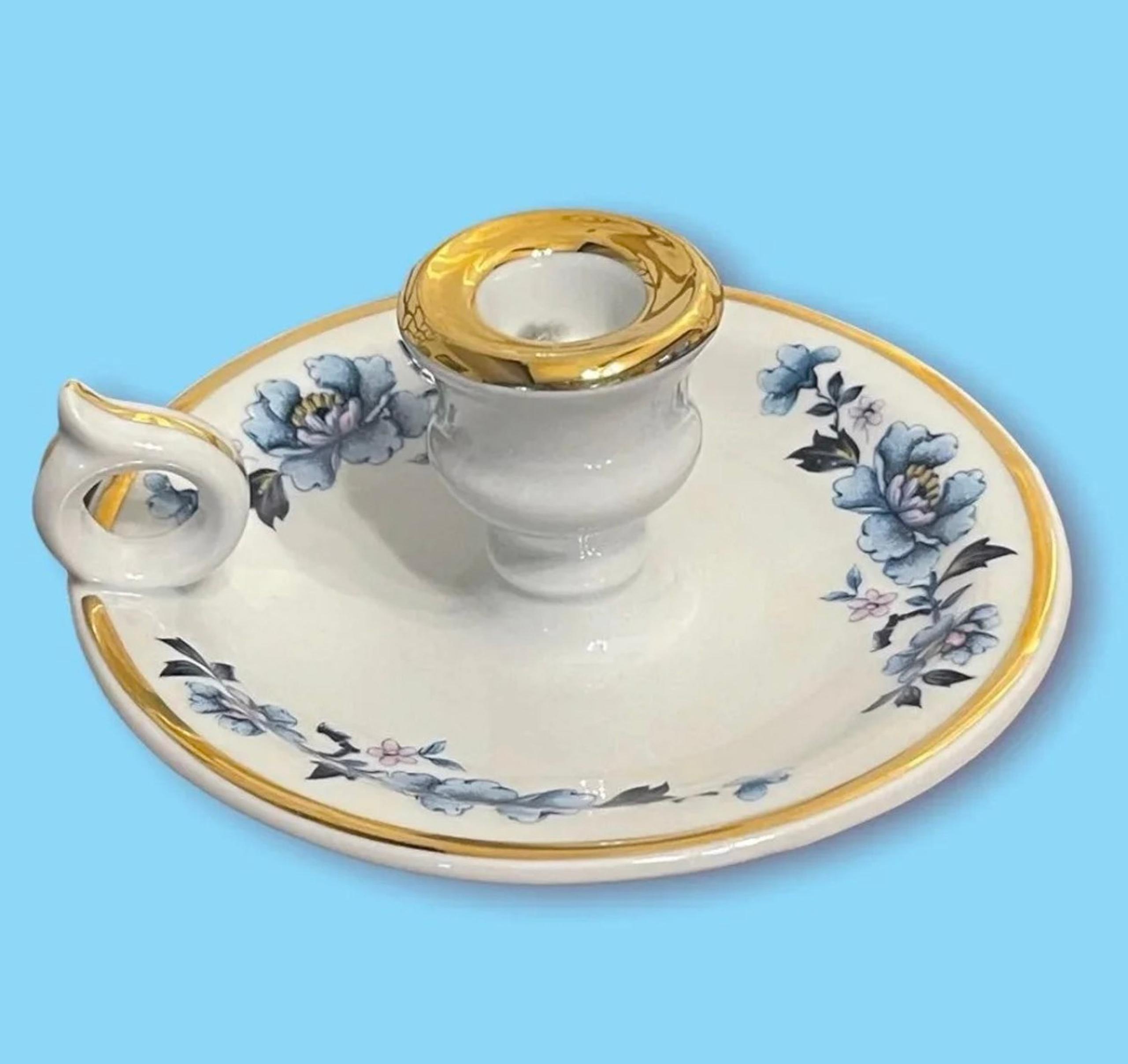 vintage Limoges china candle holder, finger ring chamber candlestick handpainted