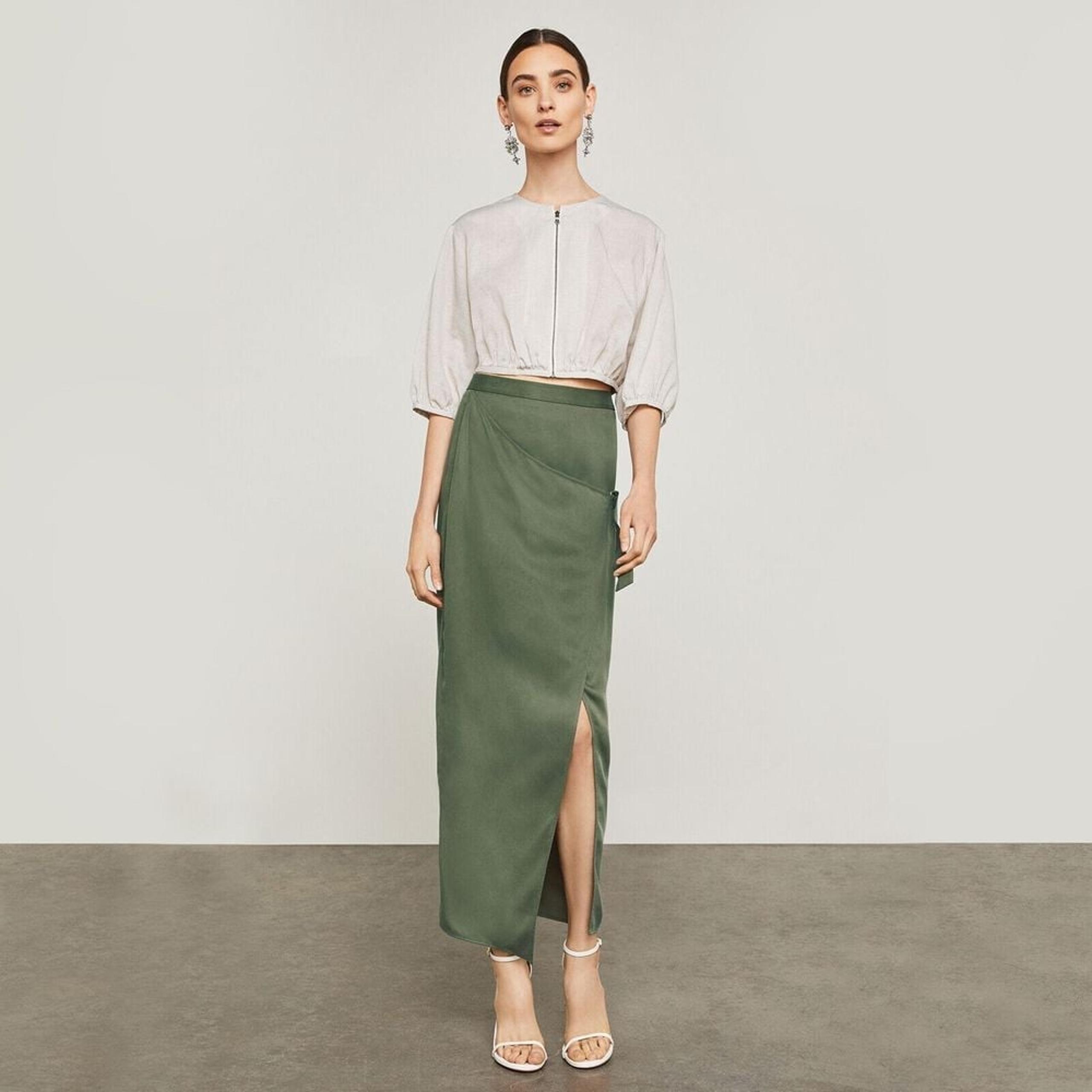 BCBGMAXAZRIA Microsuede Maxi Wrap Skirt Womens XS Dusty Olive Brand New NWT