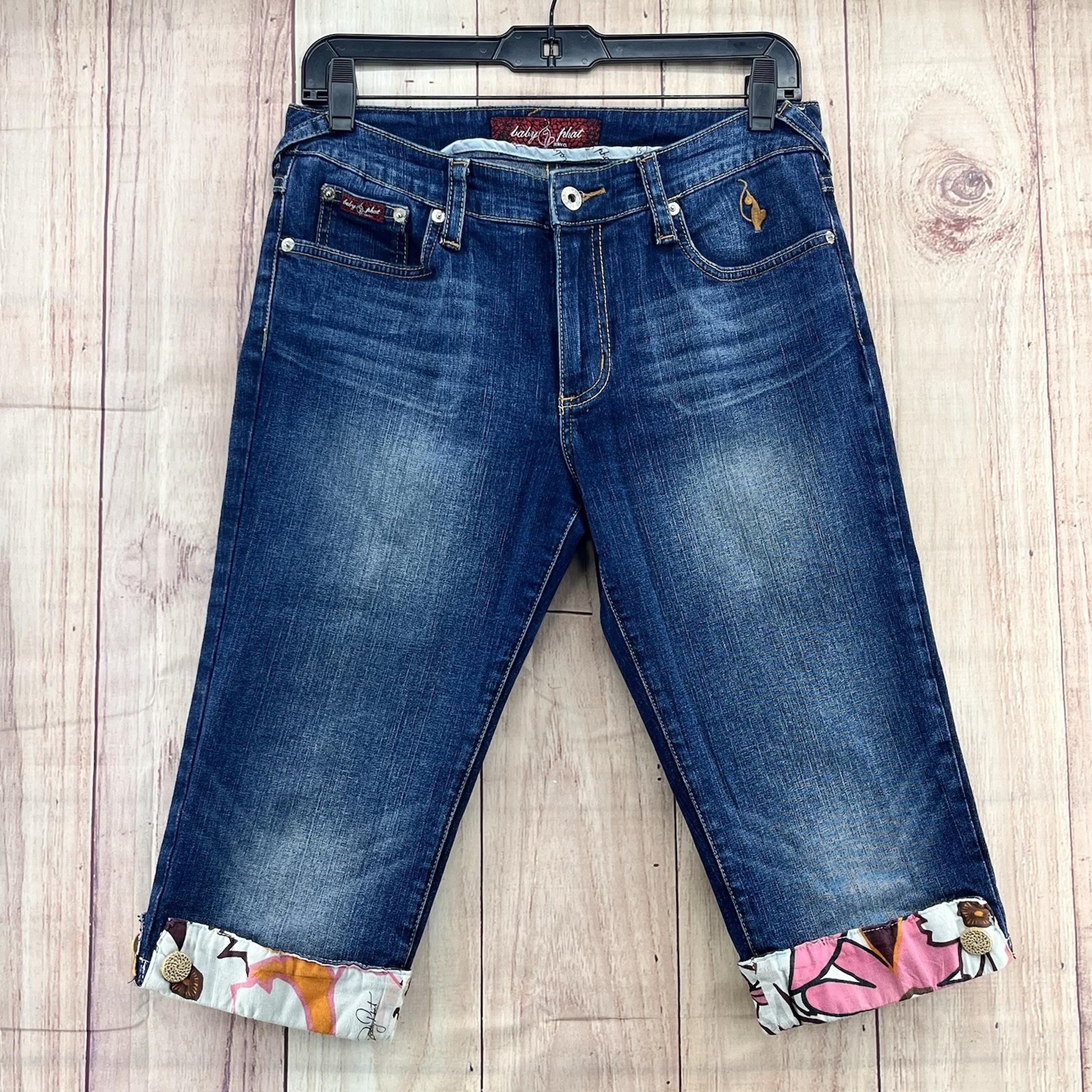 Vintage Baby Phat Crop Capri Jeans Sz 7 Embroidered Cat Floral Pockets Low Y2K