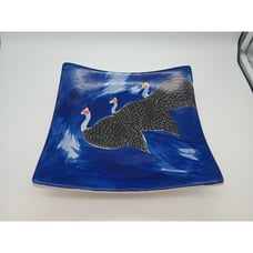 Hand Painted Guinea Fowl Trio Art Tray Footed Signed Dawn's Pottery