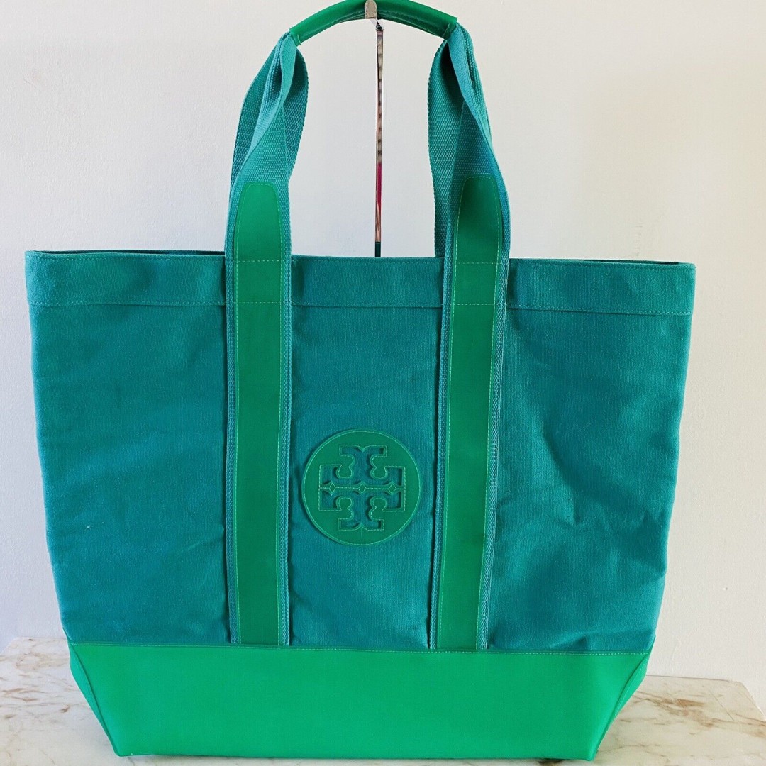TORY BURCH Solid Green Color Block Extra Large Canvas Tote Bag