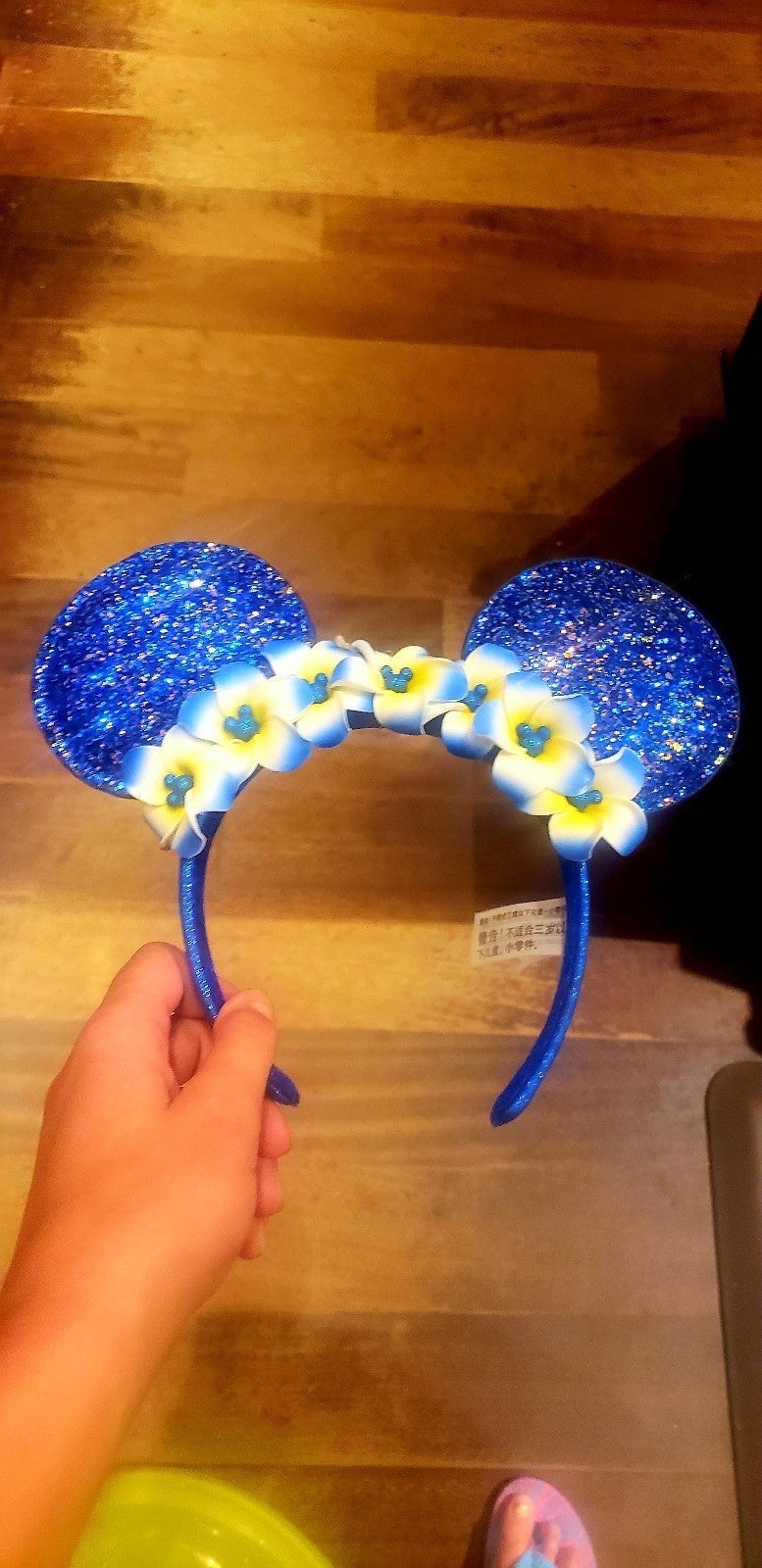 NWT Sparkling Blue Hawaiian Disney Minnie Ears with White Plumerias