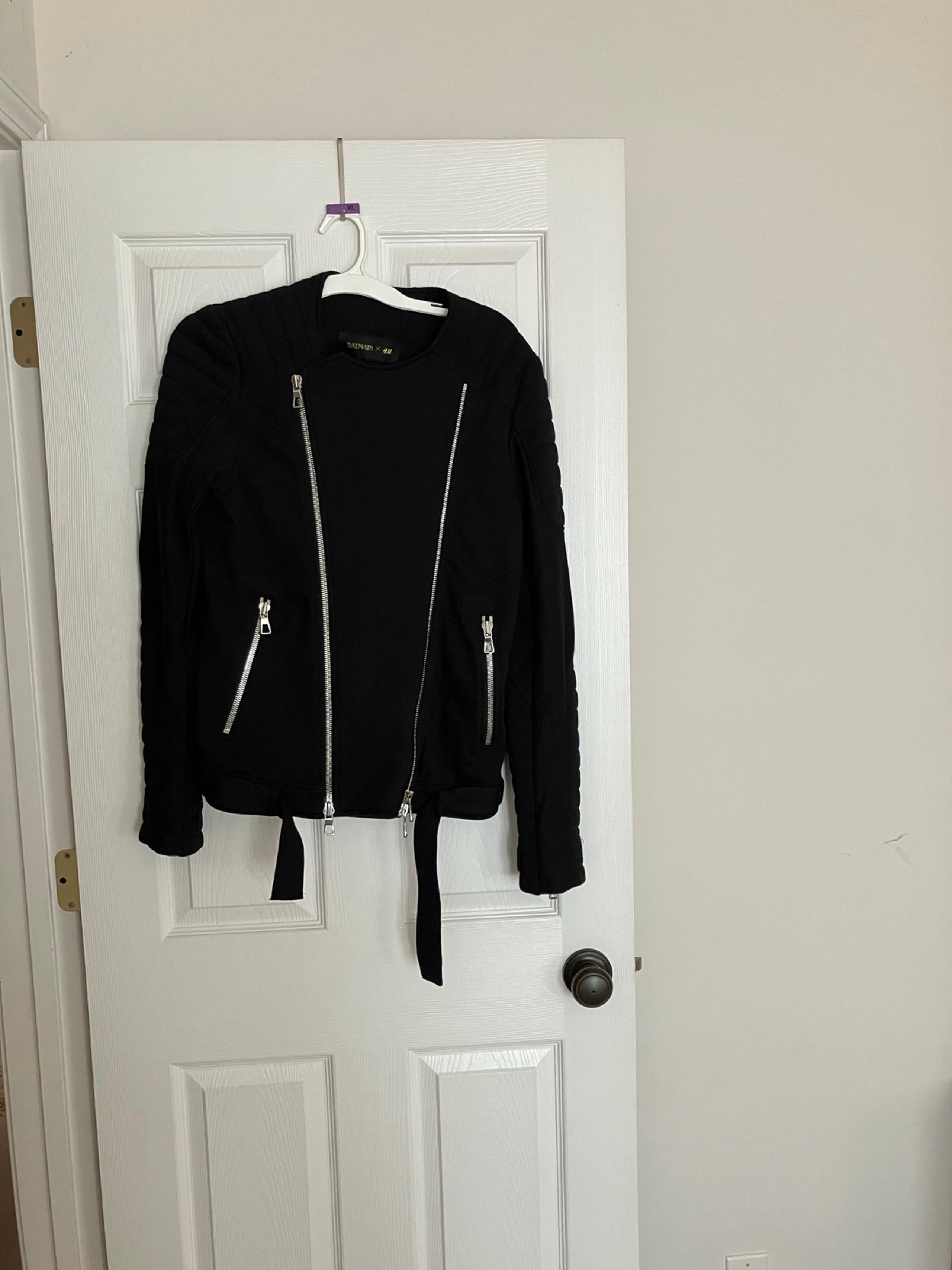 Balmain X H&M Cotton Biker Jacket Zippers Belt Silver Hardware Sz Large S