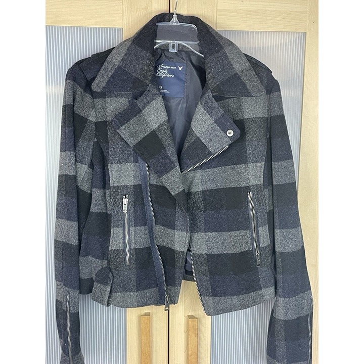 American Eagle Outfitters Women Wool Plaid Jacket Moto Coat Preppy Sz L Casual