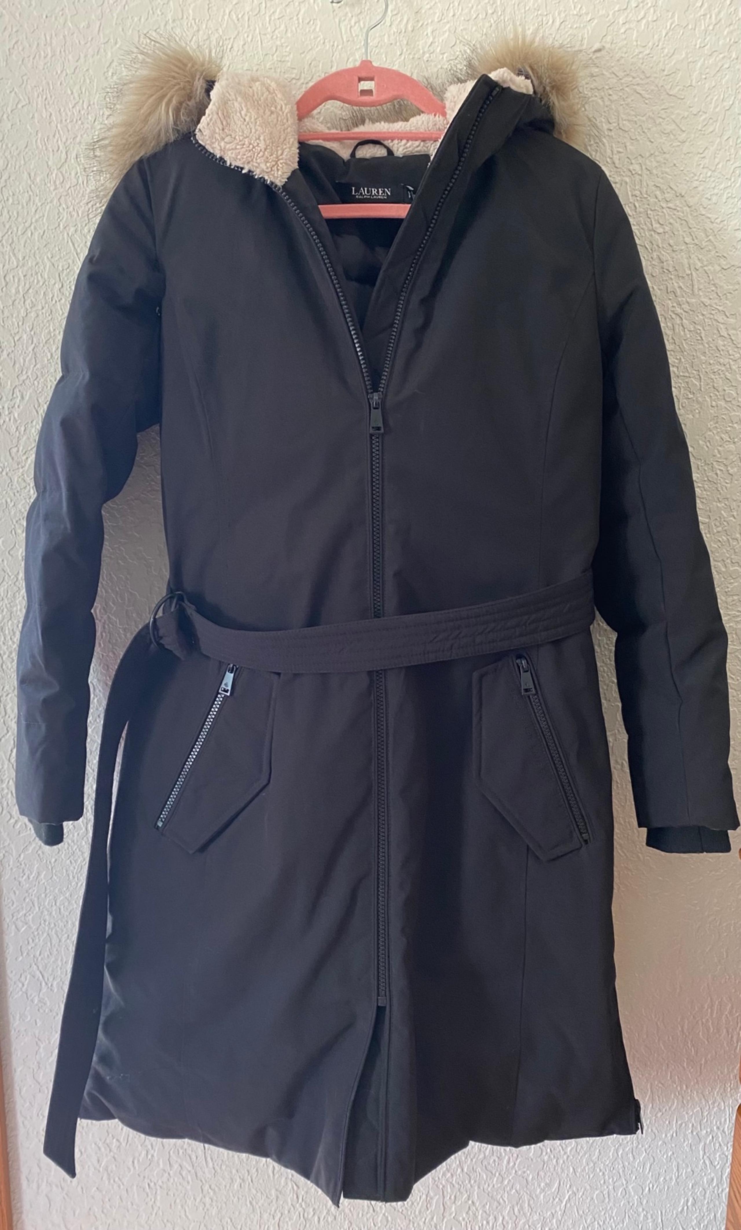 Lauren Ralph Lauren Womens Down Jacket Small Black Long Parka Hooded