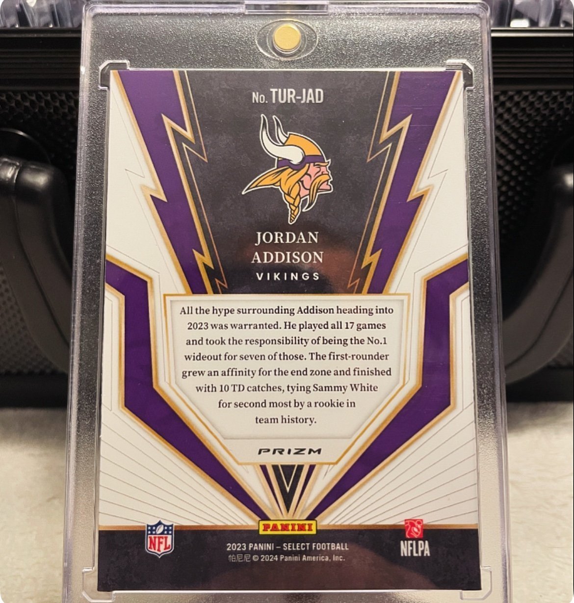 Jordan Addison 2023 Panini Select Rookie Turbo Charged Zebra SSP - detail