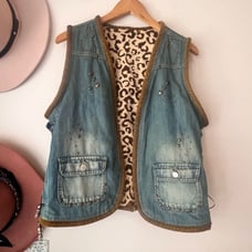 VINTAGE denim leopard lined vest beading studded reworked SIZE LARGE Coachella