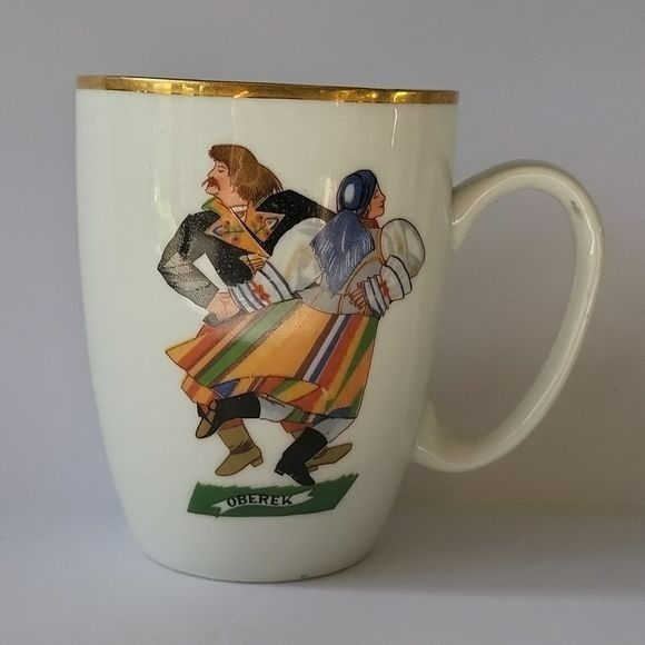 Jarolina OBEREK Gold Rim Coffee Mug Folk Dancing Couple Made in Poland