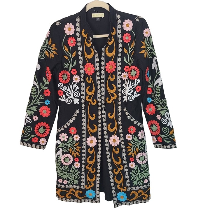 Ruby Yaya Womens XS Black Floral Embroidered Long Sleeves Clasp Blazer Jacket