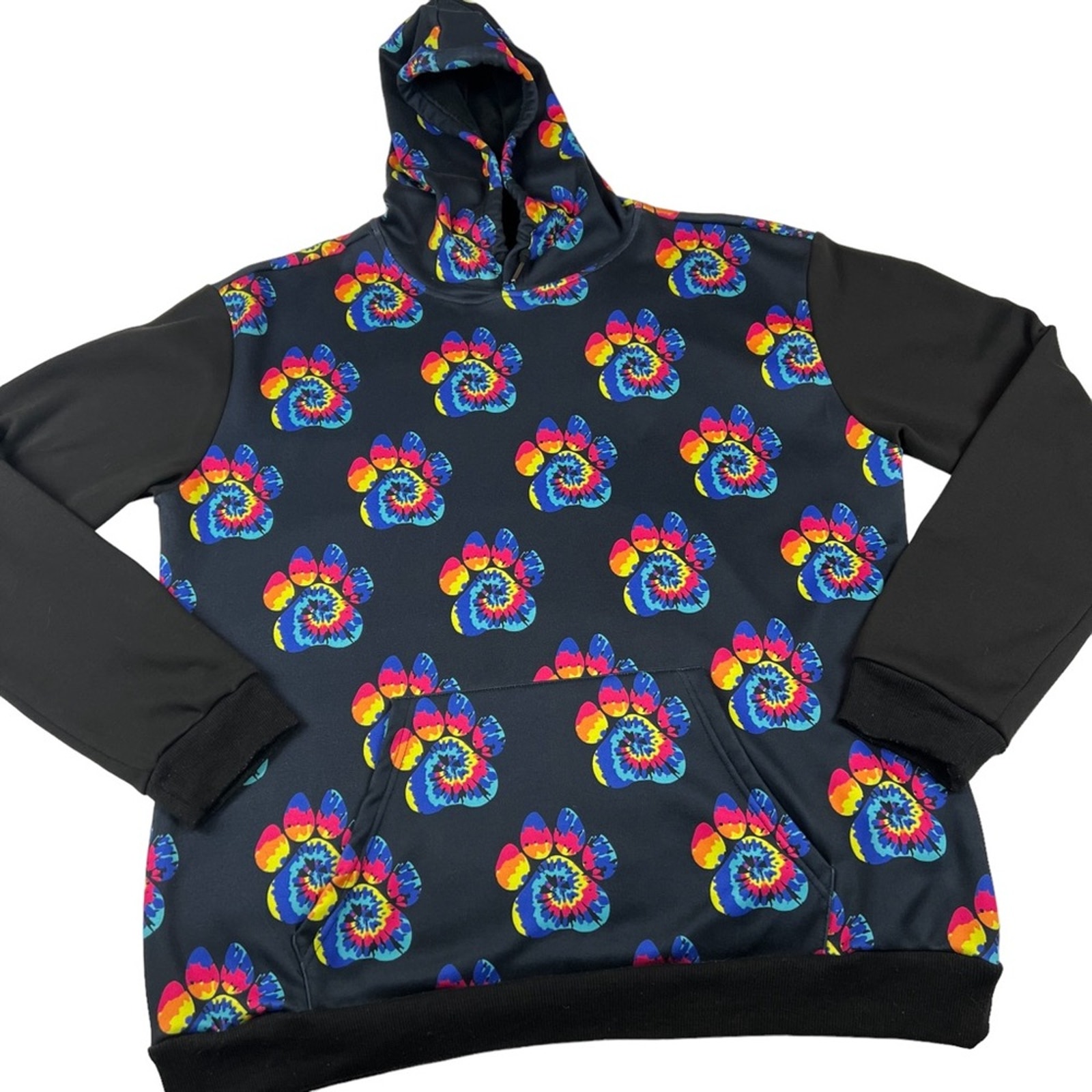 Cloud 9 Fleece Hoodie unisex XL Rainbow Tie Dye Dog Paws crushed velvet lined