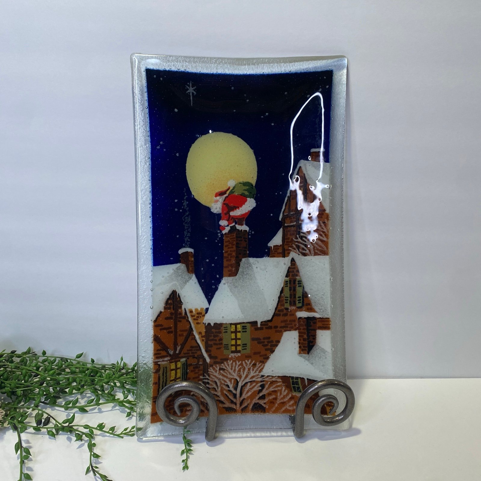 Rare Peggy Karr Signed Santa Rooftops Moon Fused Glass Rectangular Tray 13.5
