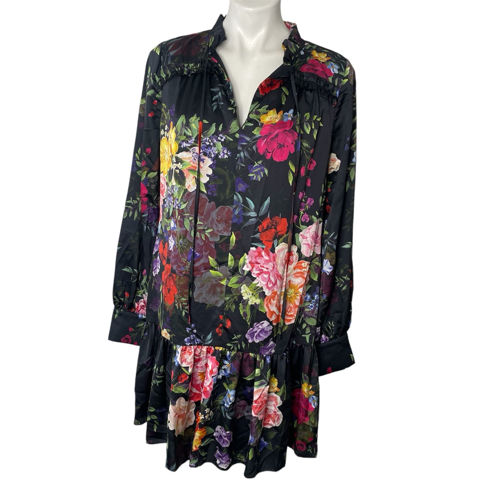 Marchesa Notte Floral Dress 10 Black Pink Green Orange Long Sleeve Knee Length