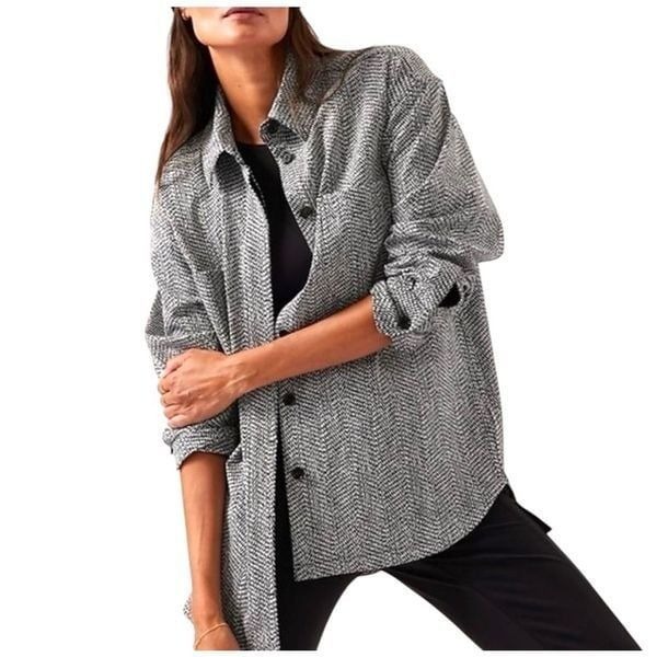 Athleta Shirt Jacket Womens Large Textured Button Up Braiden Black White Shacket