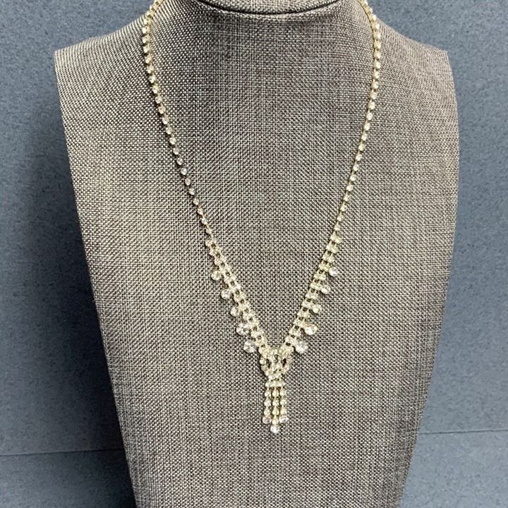 Retro Rhinestone Necklace Graduated Silver Tassel Pendant Bling Glam Vintage