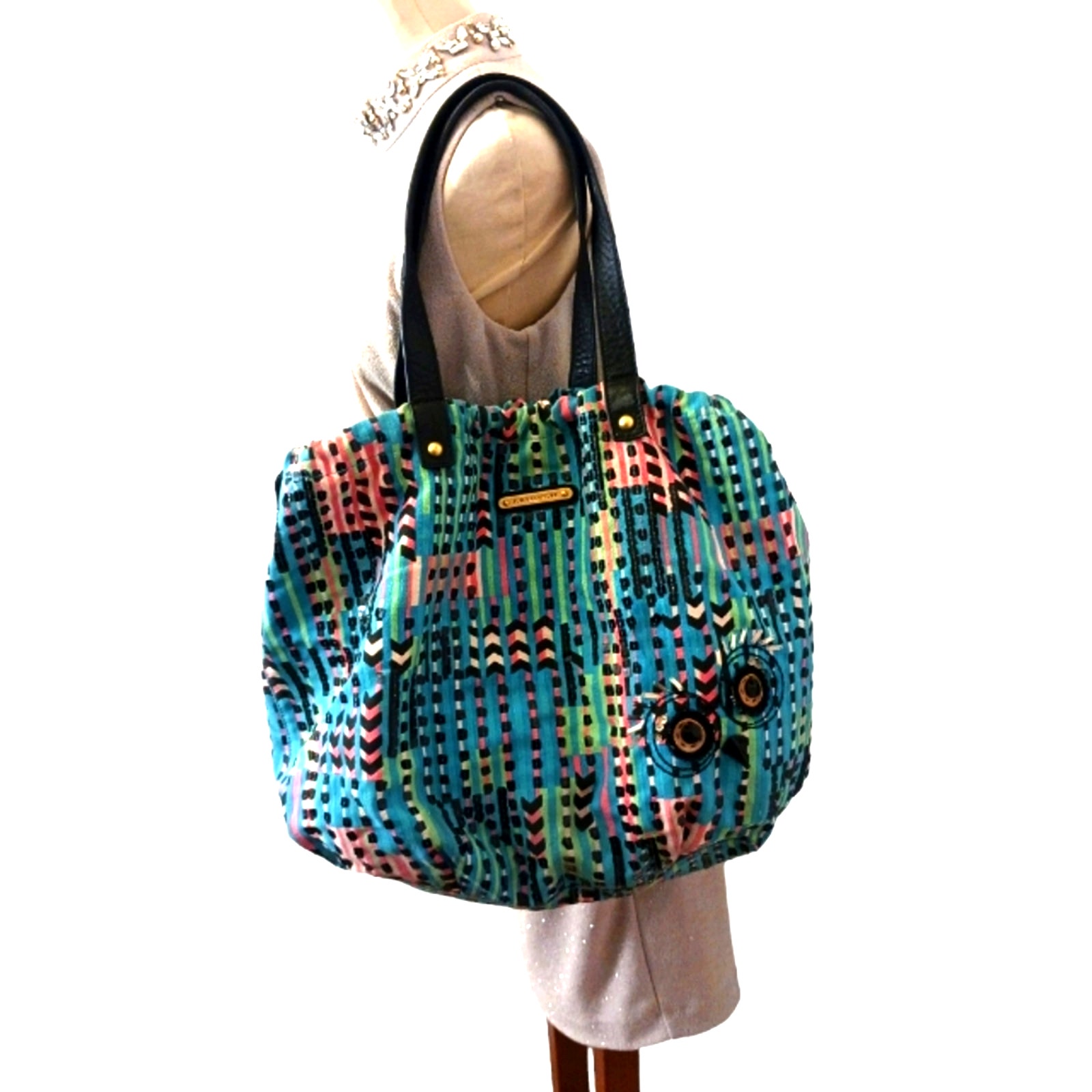 Y2K Juicy Couture 20 Tote Bag OWL Sequins Turquise Leather Handle Granola Girl