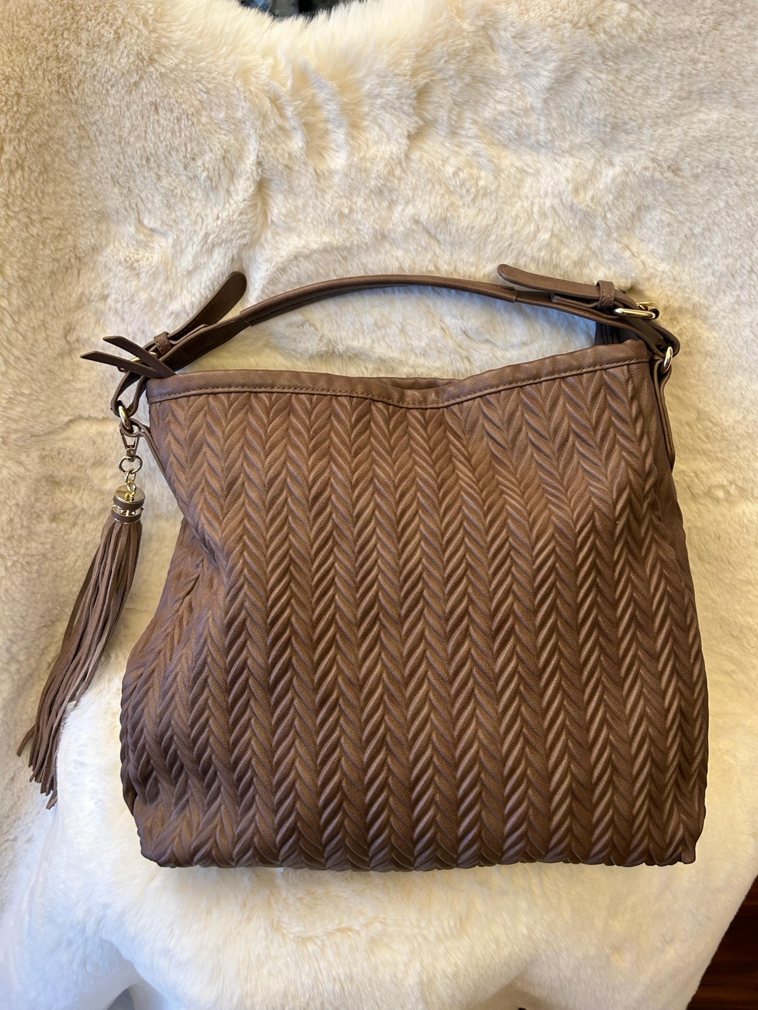 Moda Luxe expresso brown handbag faux leather abstract herringbone pattern M/L.