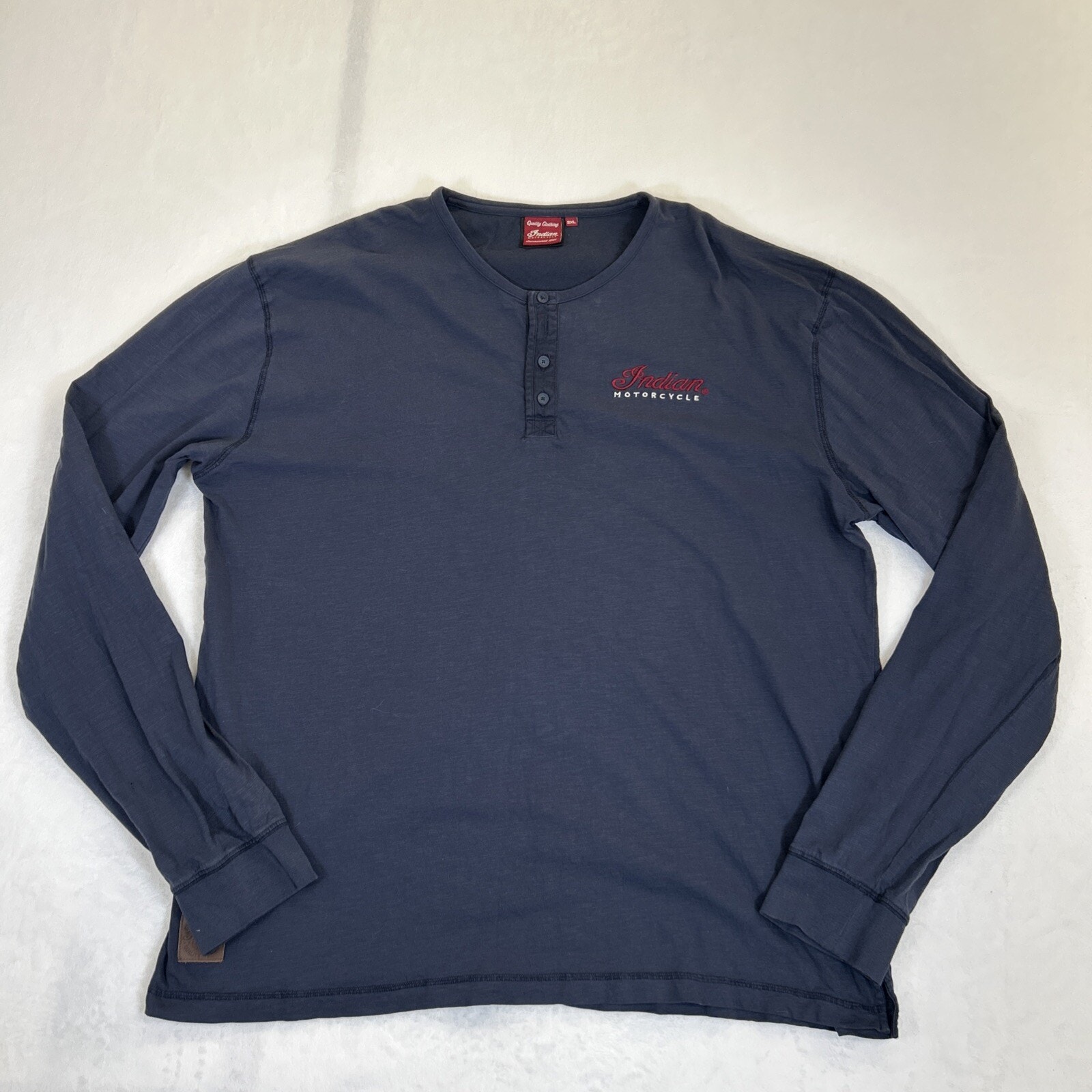 Indian Motorcycle Henley Shirt Mens 2XL Long Sleeve Blue-Gray Logo Embroidered